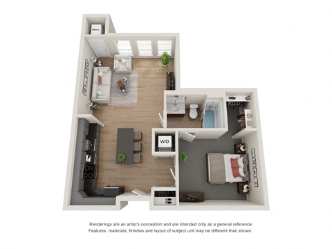 Floor plan for 1 bed, 1 bath, 753 sqft